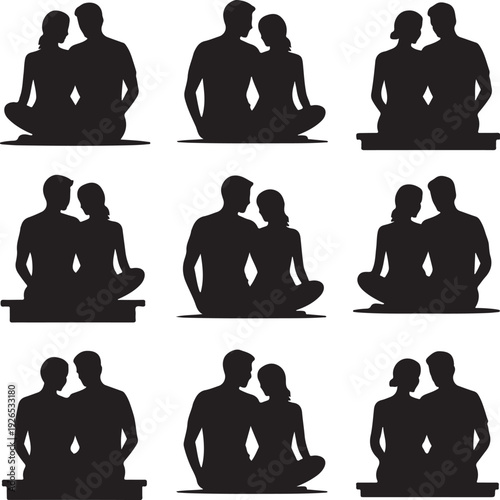 Silhouettes of couples sitting together in various poses and positions