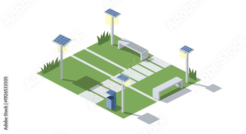 Isometric illustration of a parking lot with solar powered street lights.