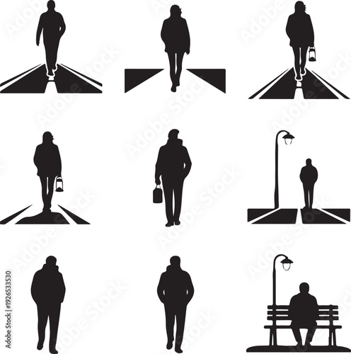 silhouettes of people walking and sitting on streets and sidewalks with street lamps