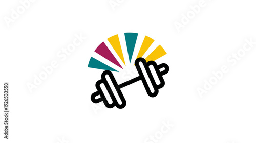 A stylized graphic of a dumbbell with a burst of color radiating from above
