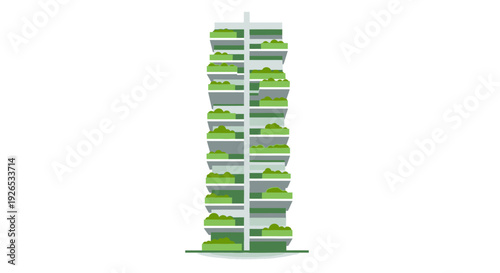 Modern high-rise building with green balconies and sleek design.