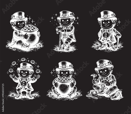 Collection of cute leprechauns on a black background with chalk. St. Patrick's Day vector set