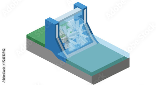 3D illustration of a hydroelectric dam with water flowing through it.