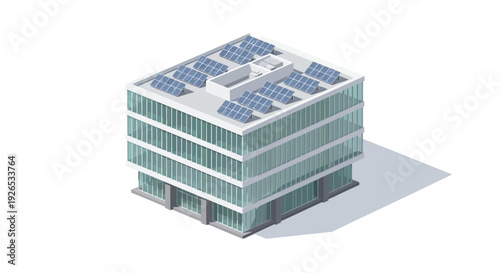 Modern office building with solar panels on the roof.