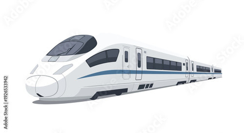 Modern high-speed white train with blue stripe on white background.
