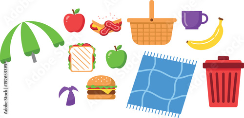 Picnic Items and Summer Food Set with Basket Fruits Burger Blanket Trash Bin Outdoor Recreation Flat Vector Illustration