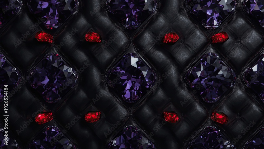 Fototapeta premium Detailed close-up of a luxurious dark quilted fabric adorned with sparkling gemstones.