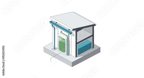3D illustration of a small white kiosk with green door and blue accents.