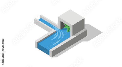 3D illustration of a hydroelectric power plant with flowing water.