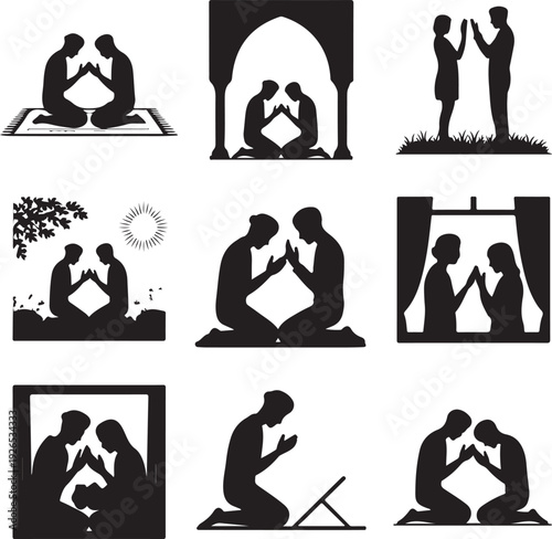 silhouette of people praying or meditating in various poses and settings