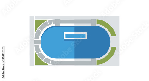 Aerial view of an oval swimming pool with surrounding walkways and green grass.