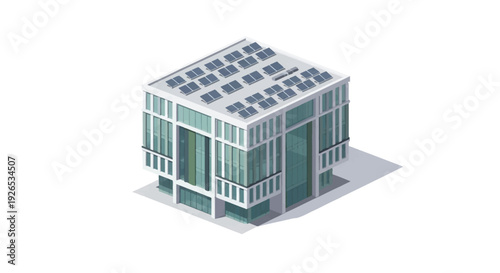 3D illustration of a modern office building with solar panels on the roof.