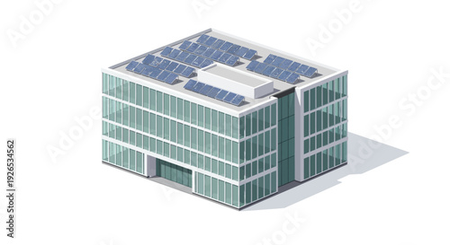 Modern office building with solar panels on the roof.