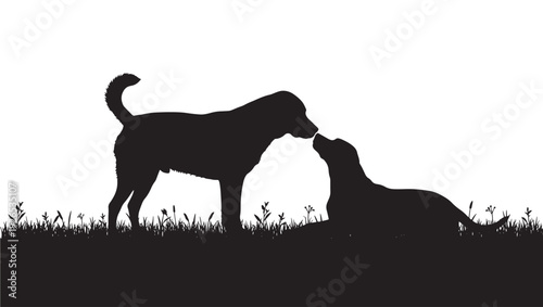 Dogs silhouette pair with one standing and one lying down nose to nose on grassy ground, minimal black cutout scene isolated on white background with copy space