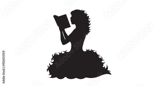 Woman silhouette reading book with curly hair and dress silhouette featuring female, black, white with profile and illustration elements for graphic, simple projects, clean composition on simple