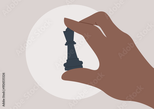 A hand elegantly holds a black chess piece, ready to make a strategic decision, The backdrop suggests a moment of intense focus in the world of chess, where every move counts