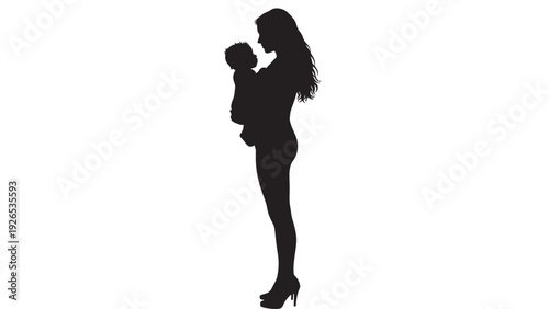 Mother holding baby silhouette in profile, black cutout figure on white background with tender parenting moment, minimal isolated concept for family love design