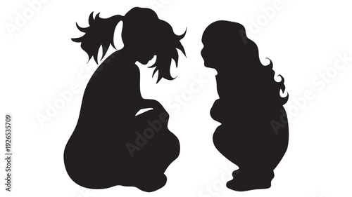 Girls silhouette sitting and facing each other, child friends talking or sharing secrets, black cutout figures isolated on white background, simple flat vector icon