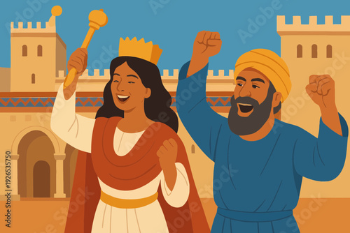 Flat vector triumphant scene of Esther and Mordecai together, celebrating victory over Haman, palace background