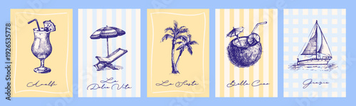 Vintage summer Mediterranean coastal poster set. Hand drawn vector illustration. Sketch retro vacation banners.