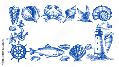 Vintage summer sea set. Retro sketch nautical vacation frame. Hand drawn vector illustration. Marine stickers