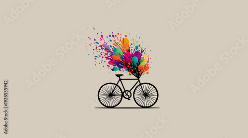 Black bicycle with colorful paint explosion, vector illustration on beige background