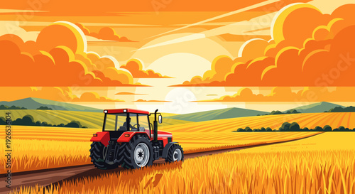 Red tractor driving on dirt road through golden wheat field at sunset  