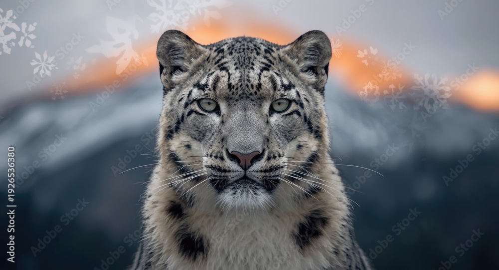 Fototapeta premium Snow leopard portrait enhanced by intricate double exposure overlay