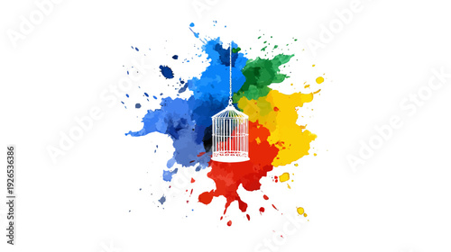 A white birdcage hangs within a colorful watercolor splash. The background is pure white