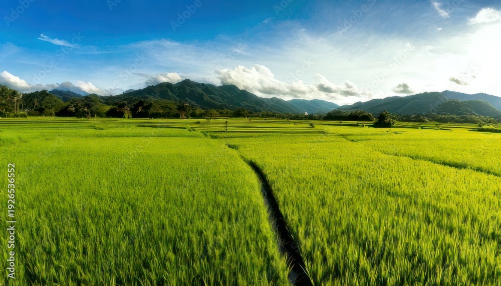 Obraz premium Lush Green Rice Fields and Distant Mountains Under a Bright Sky.
