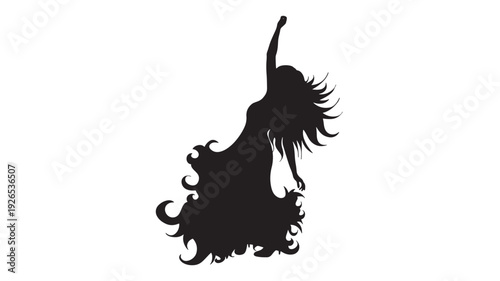 Dancer silhouette with flowing hair and swirling dress, arm raised in expressive pose, elegant female figure isolated on white, modern performance and movement concept