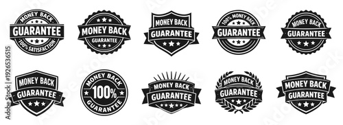 Money back guarantee badges icon collection in black. Features refund, satisfaction, and guarantee symbols. Designed for e commerce and customer trust