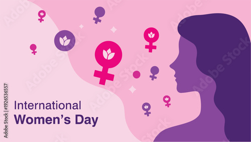 International women's day illustration with female silhouette and symbols on pink background