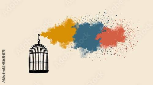 Birdcage with colorful, abstract smoke billowing from the top, hinting at escape and freedom