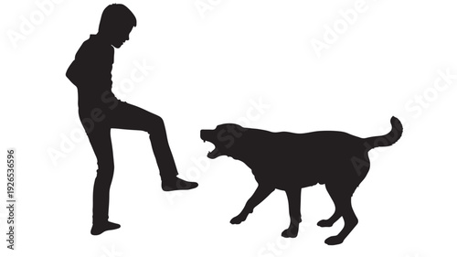 Dog attacking silhouette with snarling canine and person raising leg in self defense, isolated on white background for safety warning, training concept and hazard sign