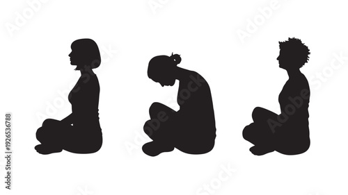 Silhouettes seated women sitting on floor in different poses, black profile figures isolated on white background, minimal vector style for yoga, meditation and sadness concepts
