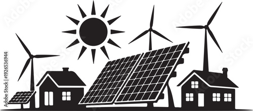 Black and white of houses with solar panels and wind turbines under sun