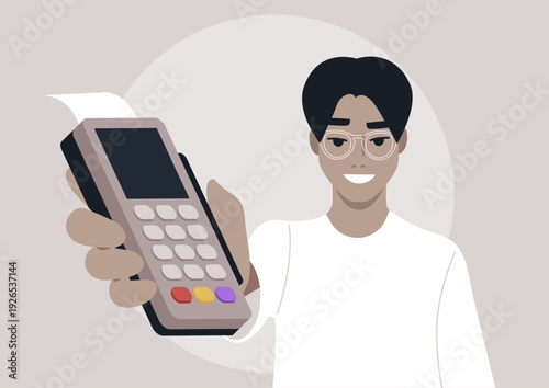 A cashier confidently holds a sleek POS terminal, ready to assist customers with fast and efficient payment processing in a vibrant retail environment.