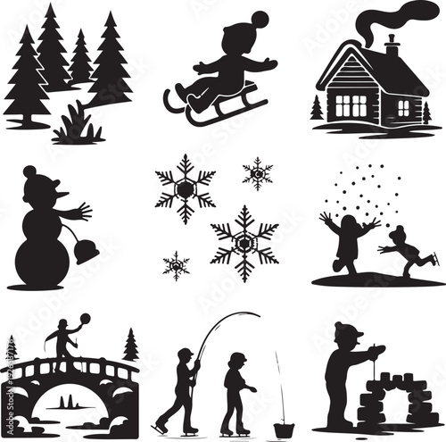 Winter activities and scenery in silhouette style  snow and ice fun