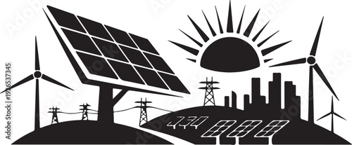 Black and white of renewable energy sources and cityscape