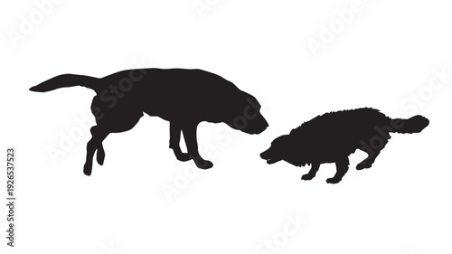 Animals silhouette pair of dog and wild boar facing each other in aggressive stance, black cutout shapes isolated on white background for logo or mascot