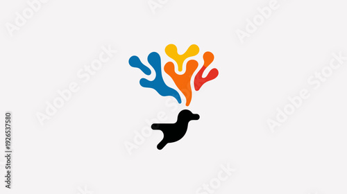 A stylized black bird with colorful abstract shapes emanating from its head on white background
