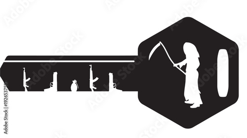 Key silhouette icon with death grim reaper holding scythe in key head, gun shapes cut out along blade, minimalist black and white vector symbol on white