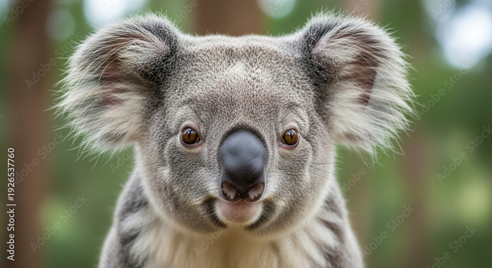 Obraz premium Close-up portrait of a cute koala looking at camera with a peaceful expression in a natural outdoor setting with green foliage.