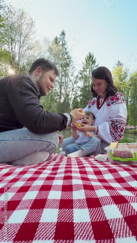 Family picnic feeding baby on red checkered blanket