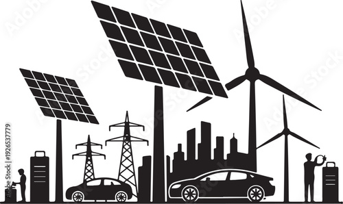 Black and white of renewable energy sources and cityscape