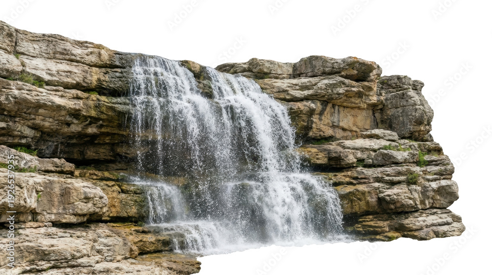 Fototapeta premium A beautiful natural waterfall cascades over rugged rock cliffs. The image has a transparent background, isolating the natural wonder.