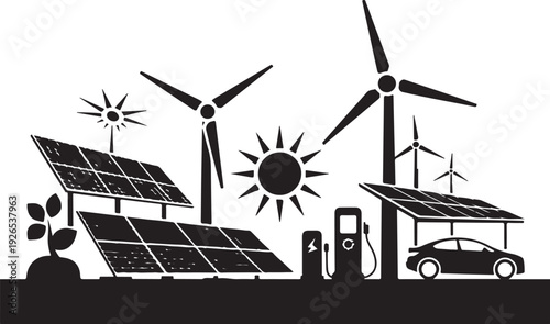 Black and white of renewable energy sources and electric vehicle