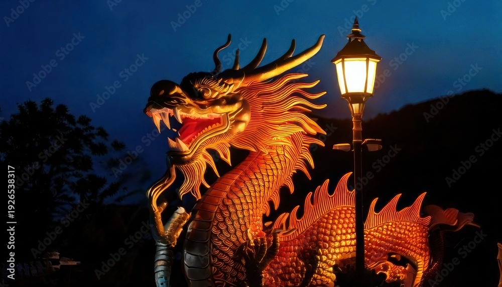 Fototapeta premium Majestic Dragon Sculpture Illuminated by a Vintage Street Lamp.
