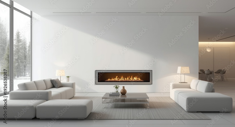 Naklejka premium Minimalist styled living space featuring white walls and contemporary fireplace